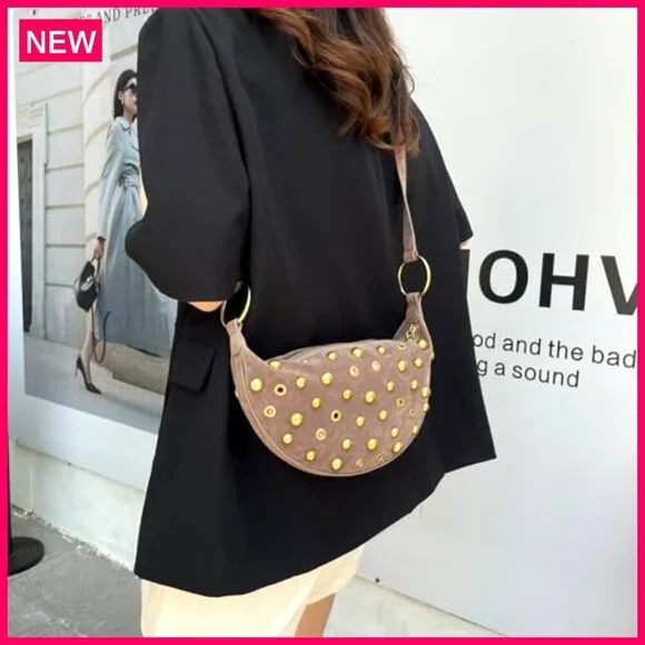 Studded Faux Suede Hobo Bag Adjustable Strap Zippered Pocket 11x6 Inches - Picture 7 of 8